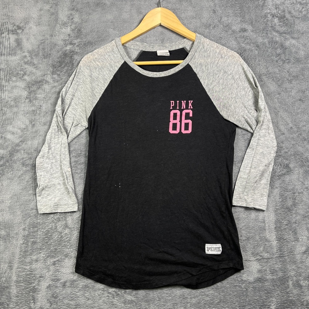 Victoria's Secret Pink Baseball Tee Shirt Women XS Black Gray Raglan Sleeve # 86